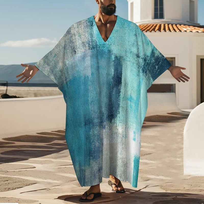Hegropy Turquoise And Grey Art Artwork Pattern Men's V-neck Robe Middle East Arabian Robe Butterfly Sleeves Kaftan - Image 2